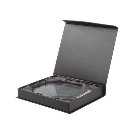 Gravírozható modern üveg trófea fém talppal - Champion 14 cm