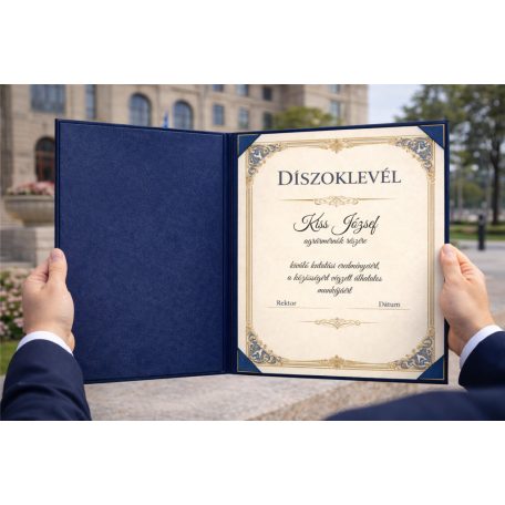 Egyedi készítésű kék oklevéltartó  A/3-as méretben, velúr borítással