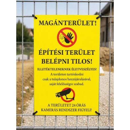 Sárga Magánterület! Építési terület – Belépni tilos! Figyelmeztető tábla