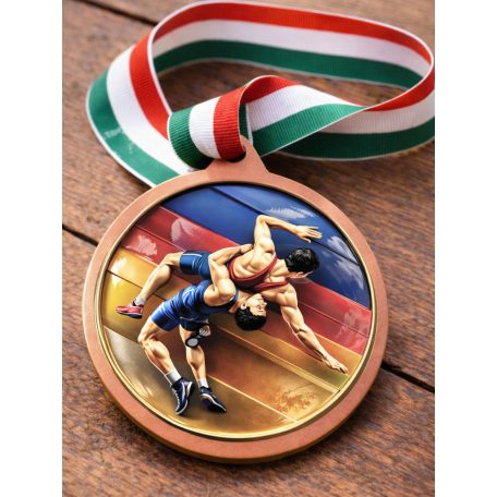 Birkózó érem szalaggal - bronz 50 mm