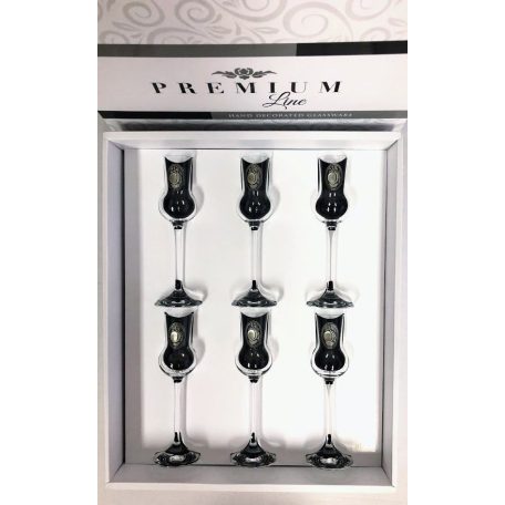 Grappás szett 6 db pálinkás pohárral 70 ml fém címkével - barack - díszdobozban -gravírozható